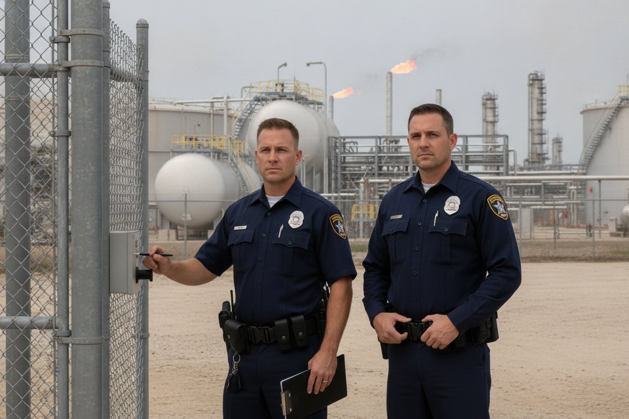 Security supervisor reviewing renewal records with a commissioned officer at an industrial plant gate in Houston, Texas