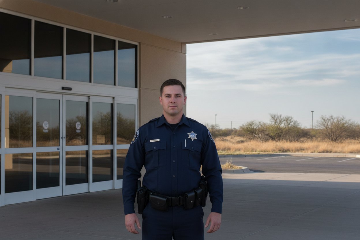 Armed security officer on duty at a medical center entrance in Abilene, Texas