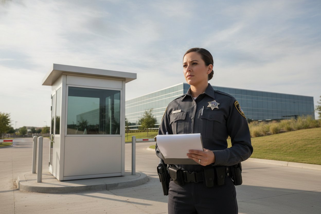 Armed security officer at a corporate office park gate in Allen, Texas