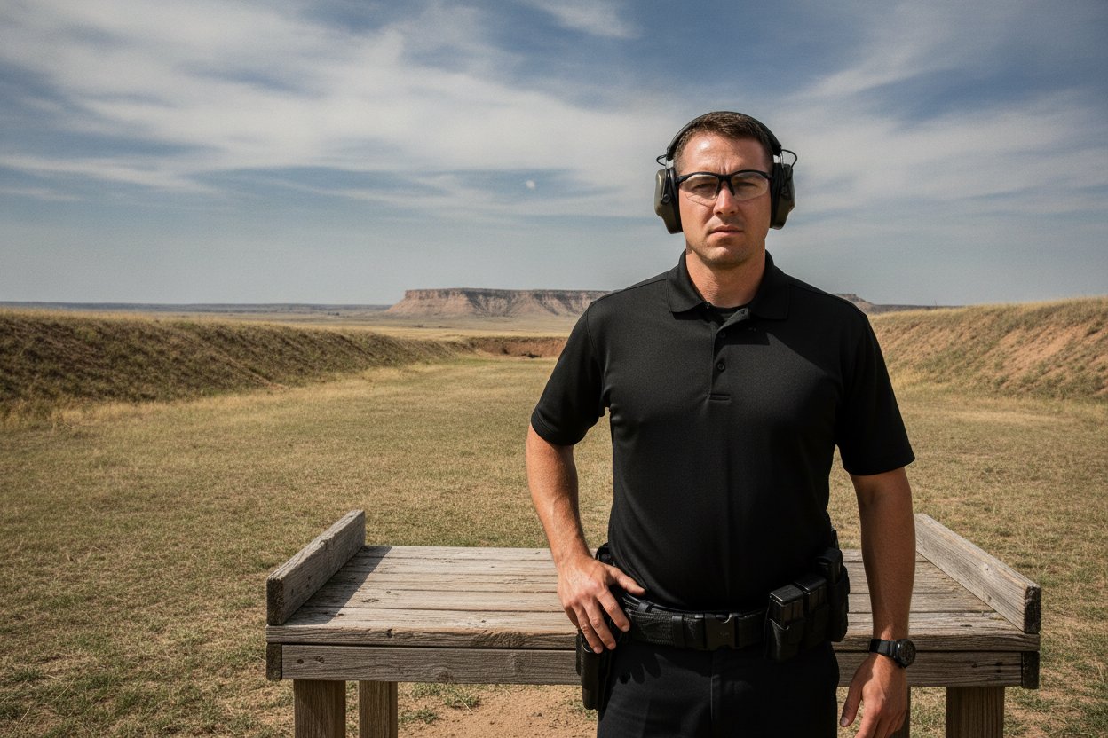 Commissioned security officer at an outdoor firing range near Amarillo, Texas