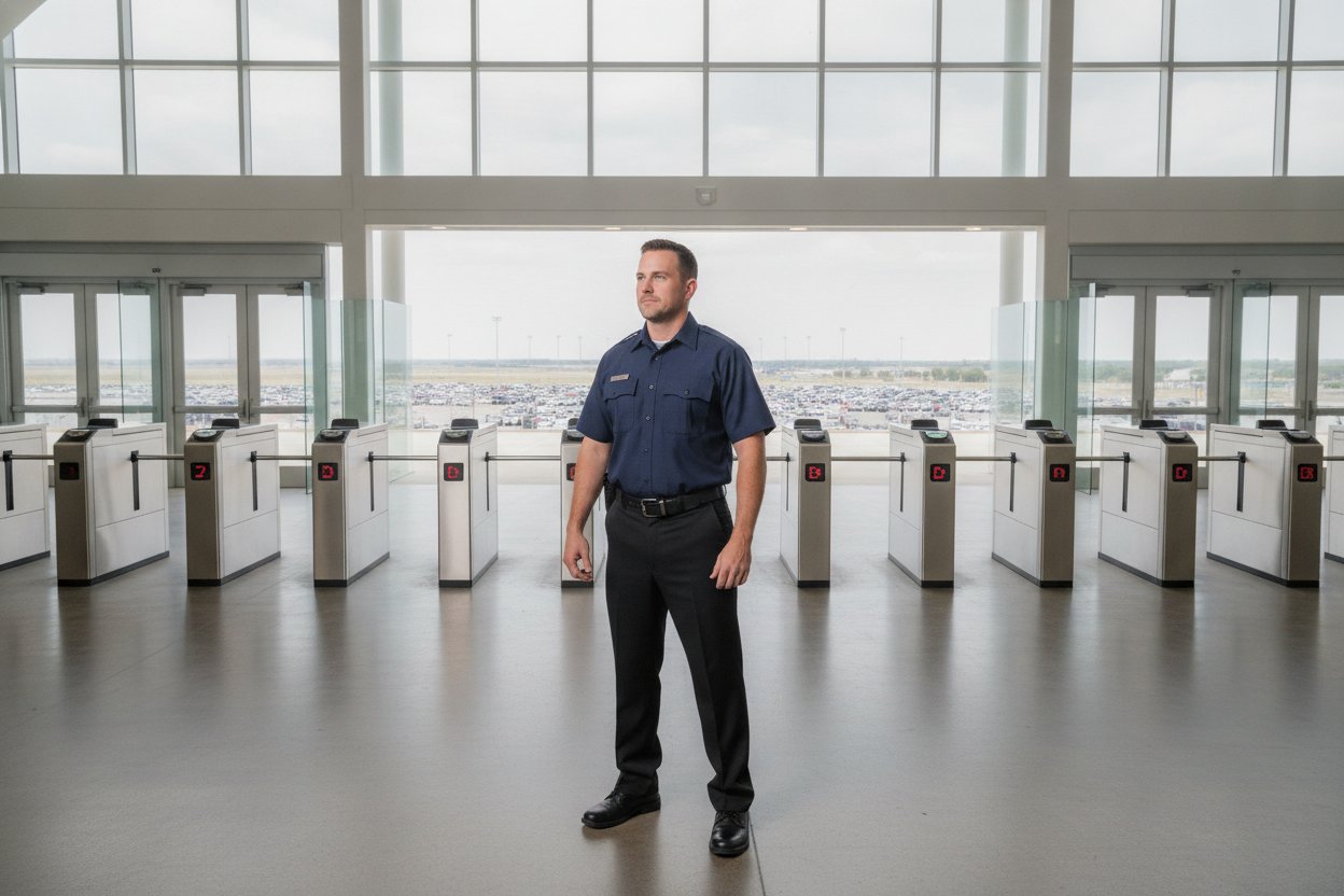 Armed security officer on duty at an event venue concourse in Arlington, Texas