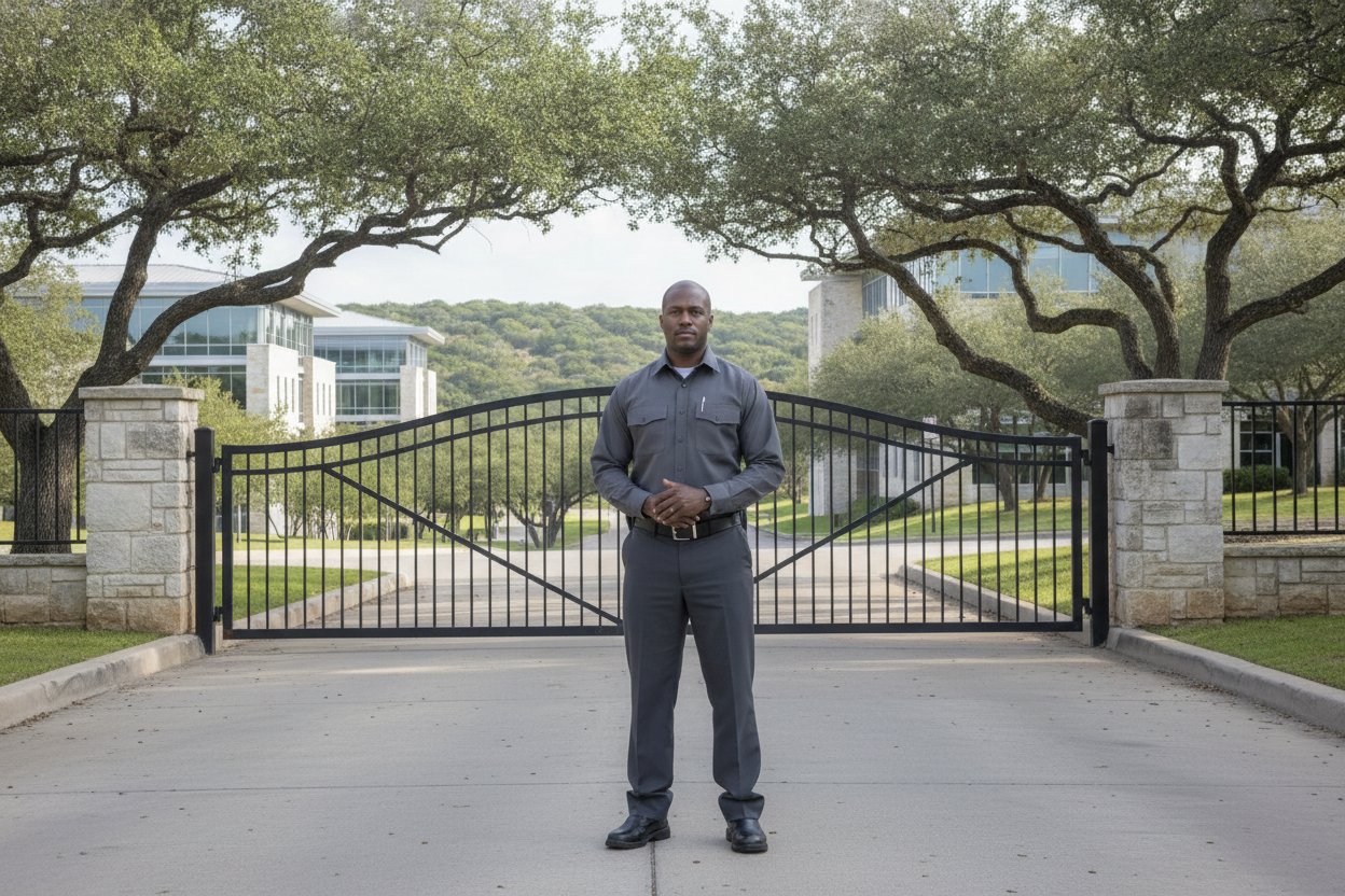 Commissioned security officer at a technology office park gate in Austin, Texas