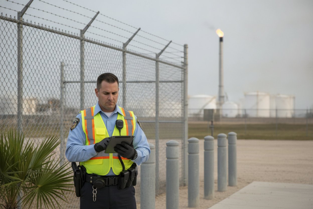 Armed security officer at a petrochemical plant gate in Beaumont, Texas
