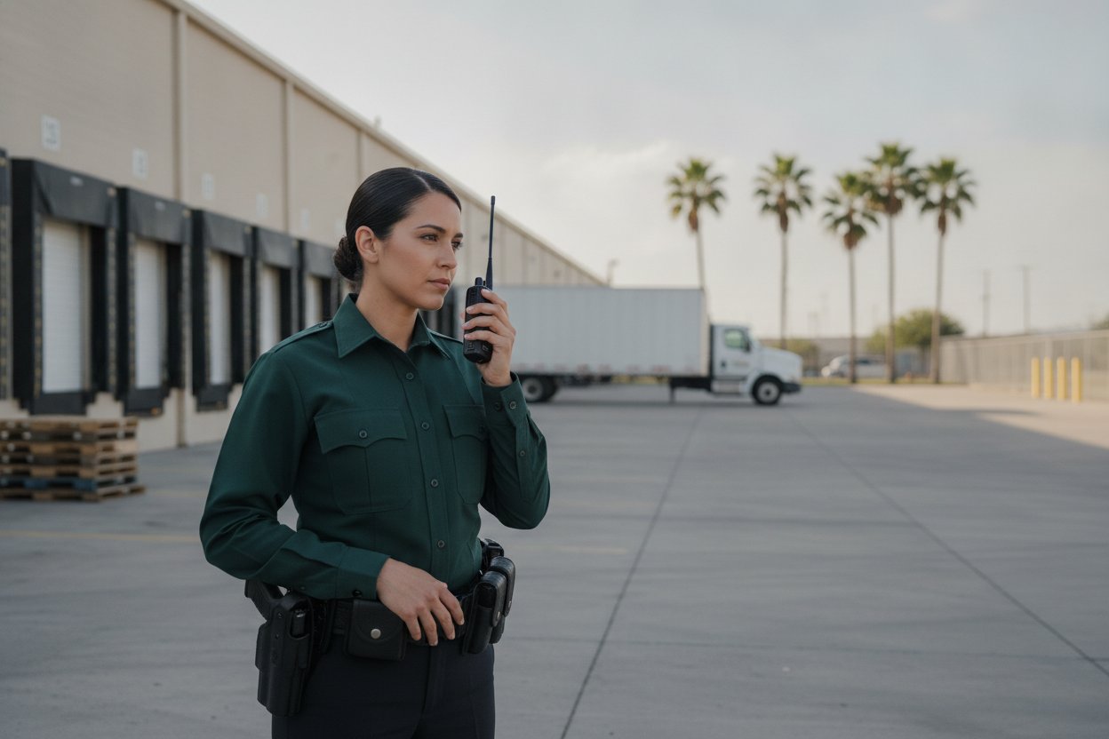 Armed security officer at a distribution warehouse dock in Brownsville, Texas