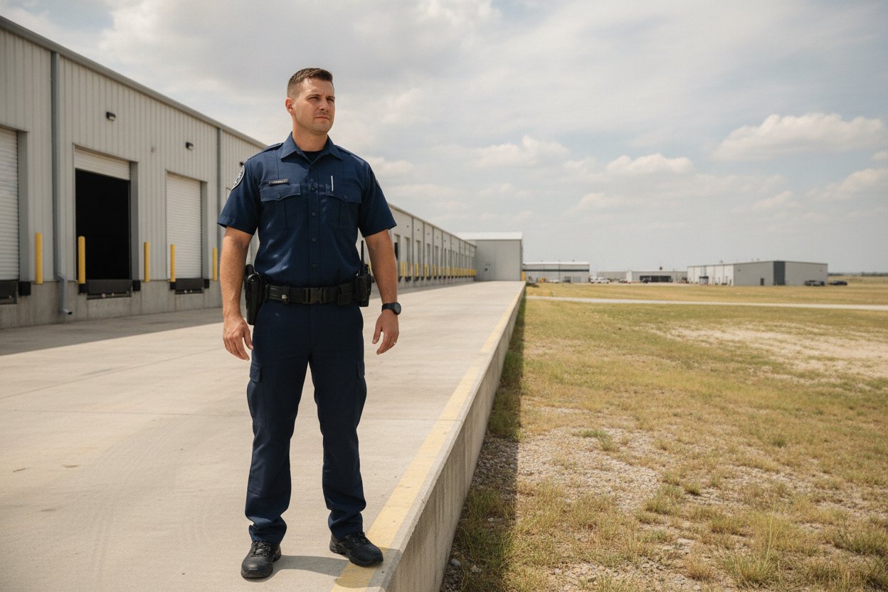 Commissioned security officer at a distribution warehouse dock in Carrollton, Texas