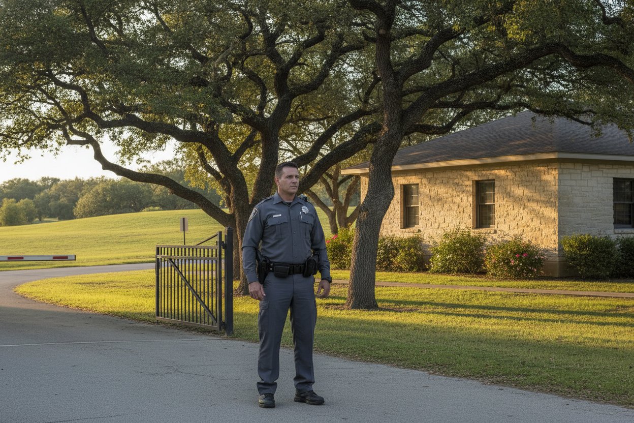 Commissioned security officer at a campus gate in College Station, Texas