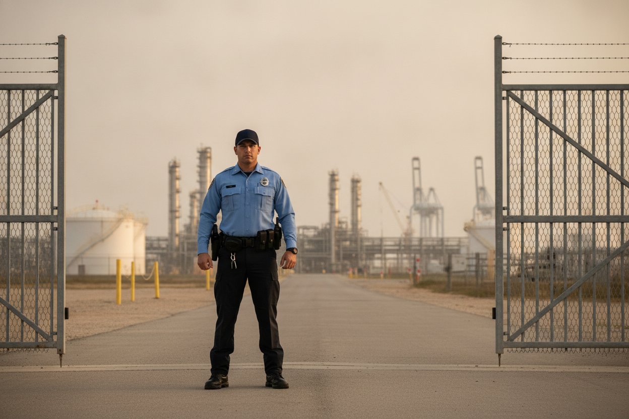 Commissioned security officer at an industrial plant gate in Corpus Christi, Texas