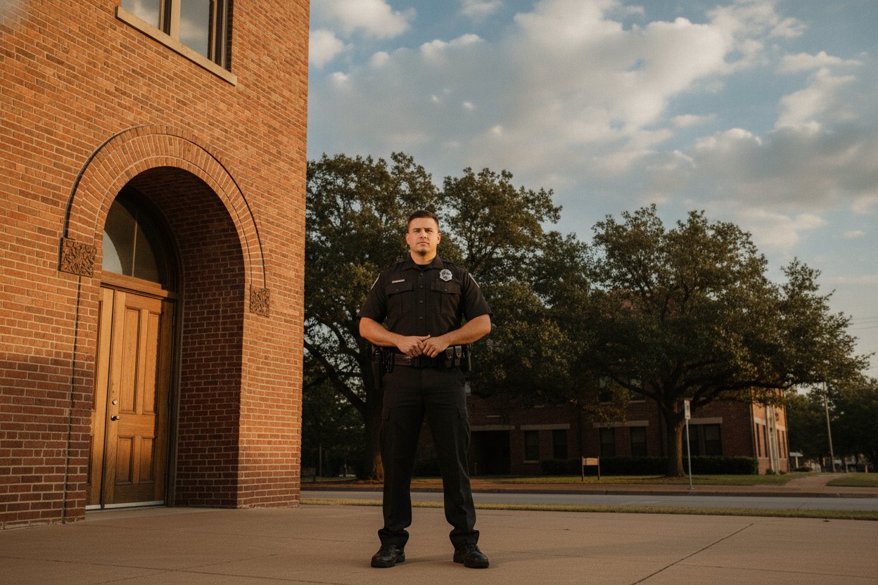 Commissioned security officer at a municipal building entrance in Denton, Texas