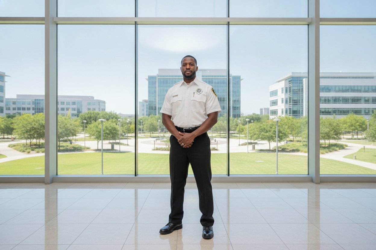 Commissioned security officer in a corporate office lobby in Frisco, Texas
