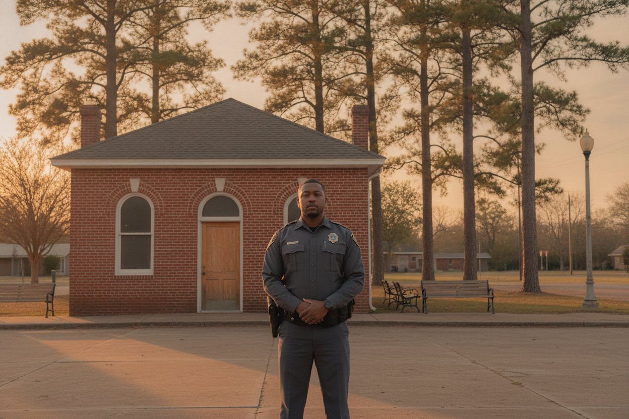 Private security officer outside a municipal building in Gilmer, Texas