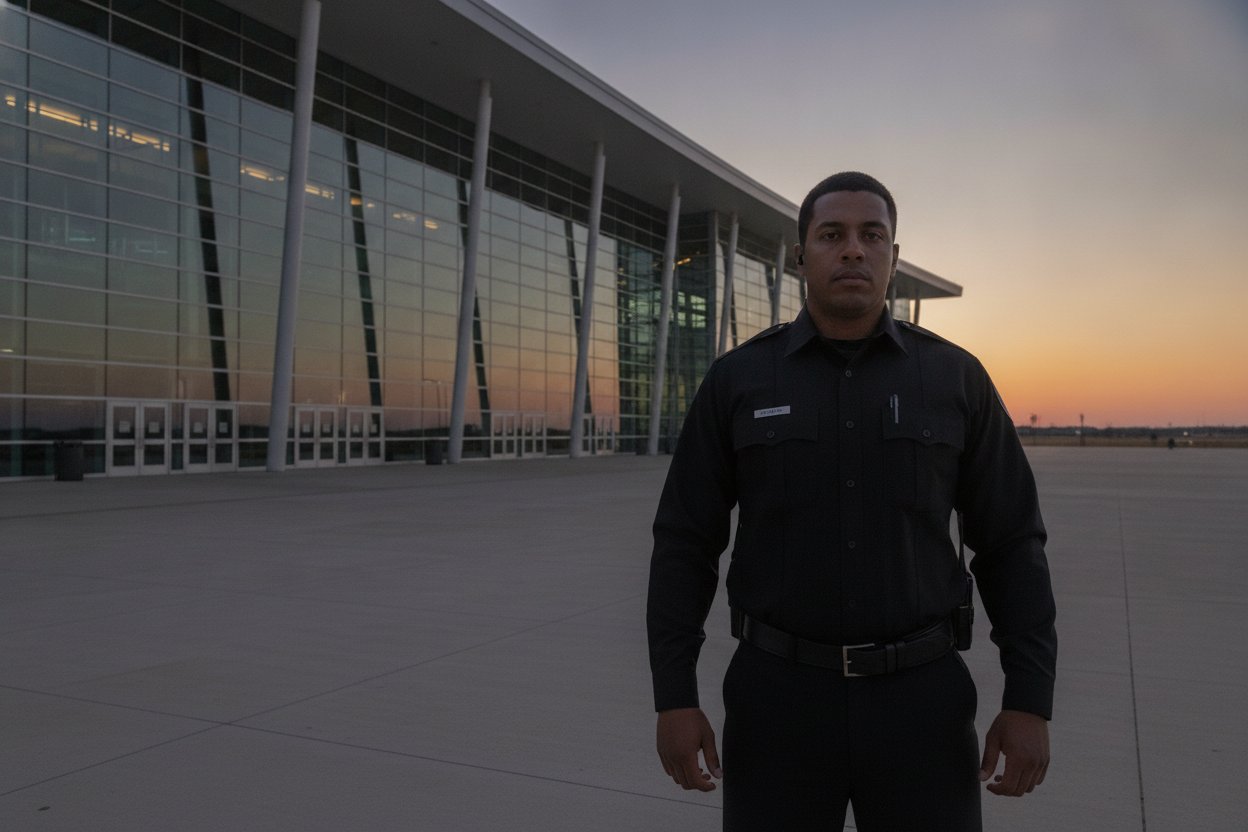 Security officer at an event venue concourse in Grand Prairie, Texas