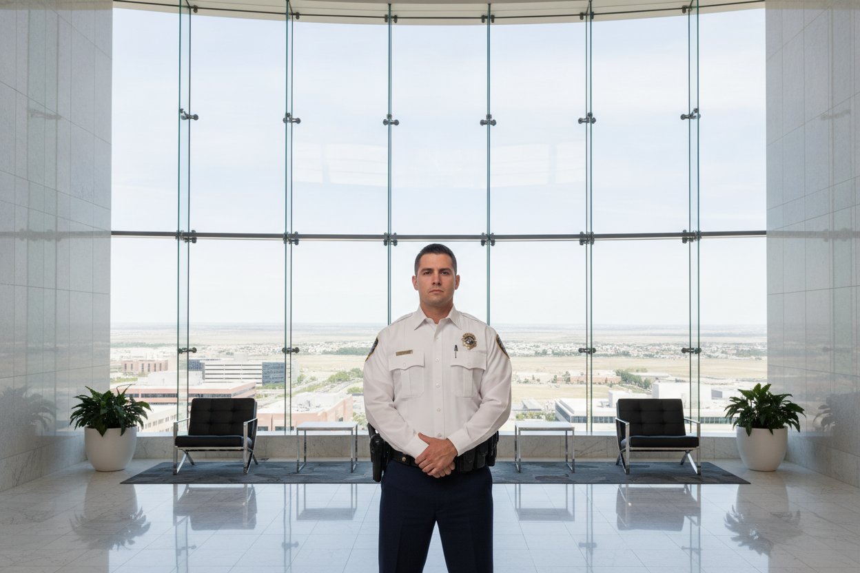 Armed security officer in a corporate lobby in Irving, Texas