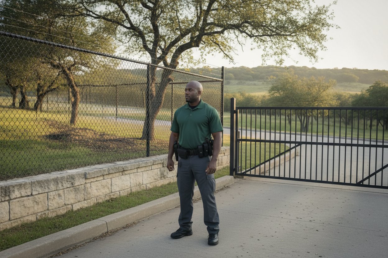 Security officer at a campus gate near Killeen, Texas