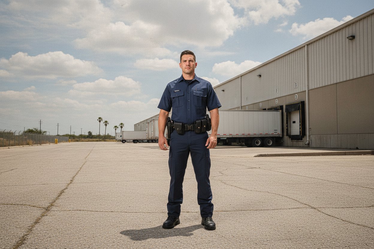 Commissioned security officer at a distribution warehouse dock in Laredo, Texas
