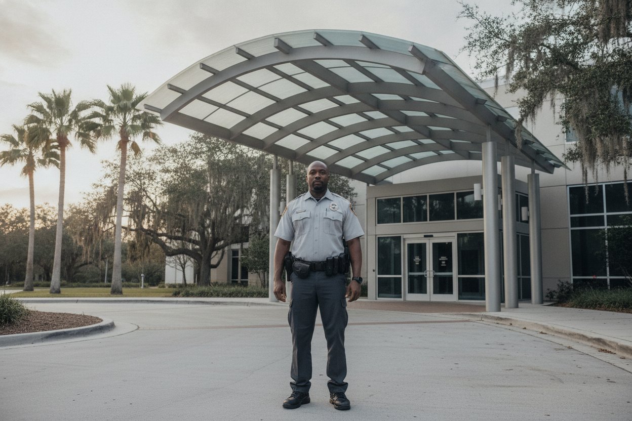Armed security officer at a medical center entrance in League City, Texas