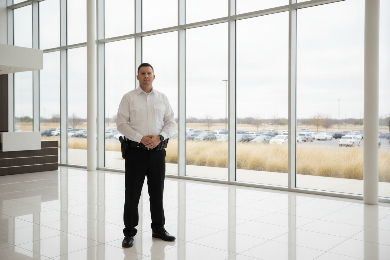 Commissioned security officer in an office building lobby in Lewisville, Texas