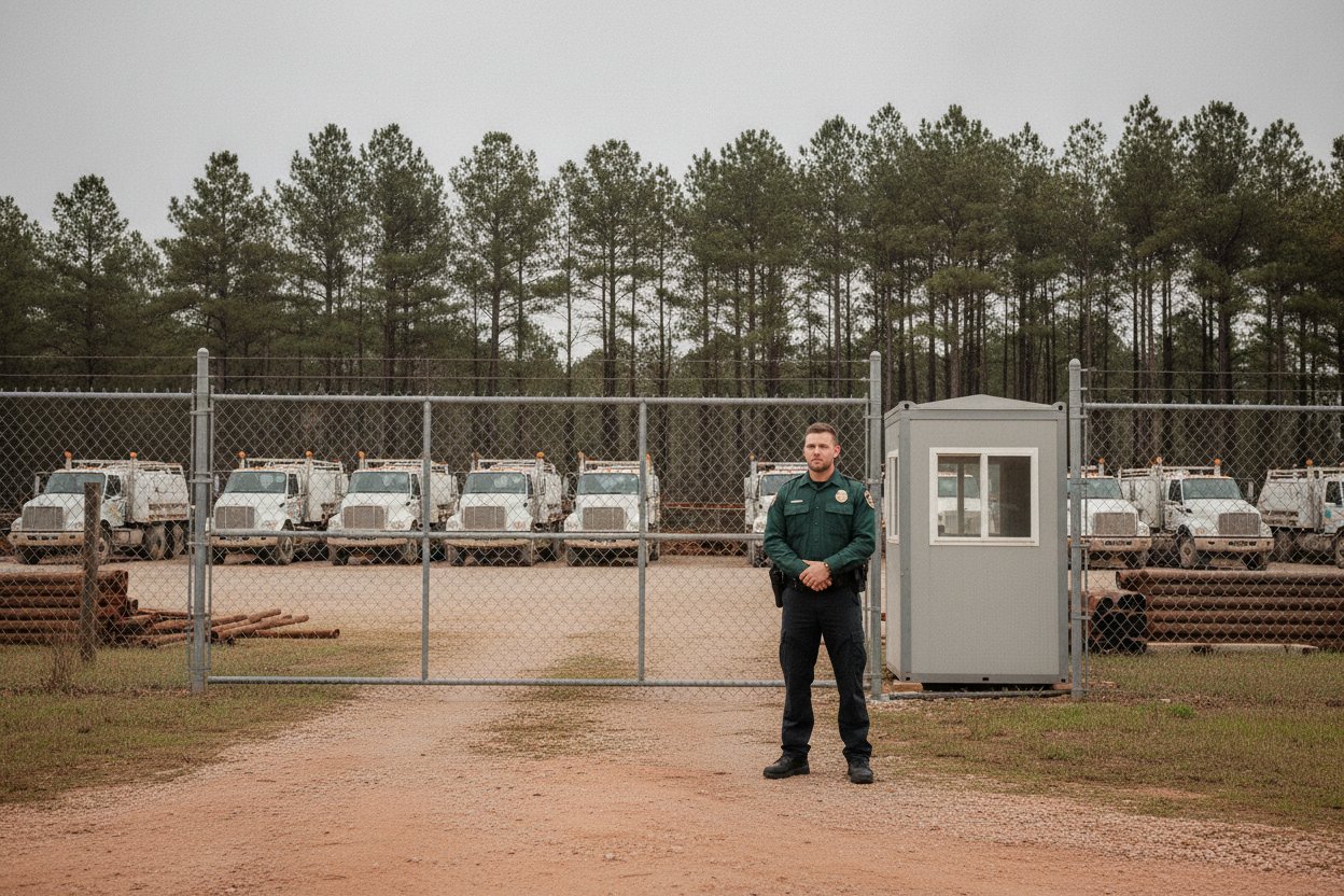 Armed security officer at an oilfield services yard gate in Longview, Texas