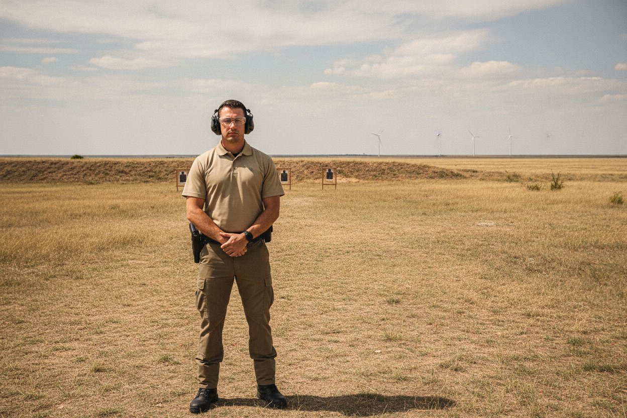 Commissioned security officer at an outdoor firearms qualification range near Lubbock, Texas