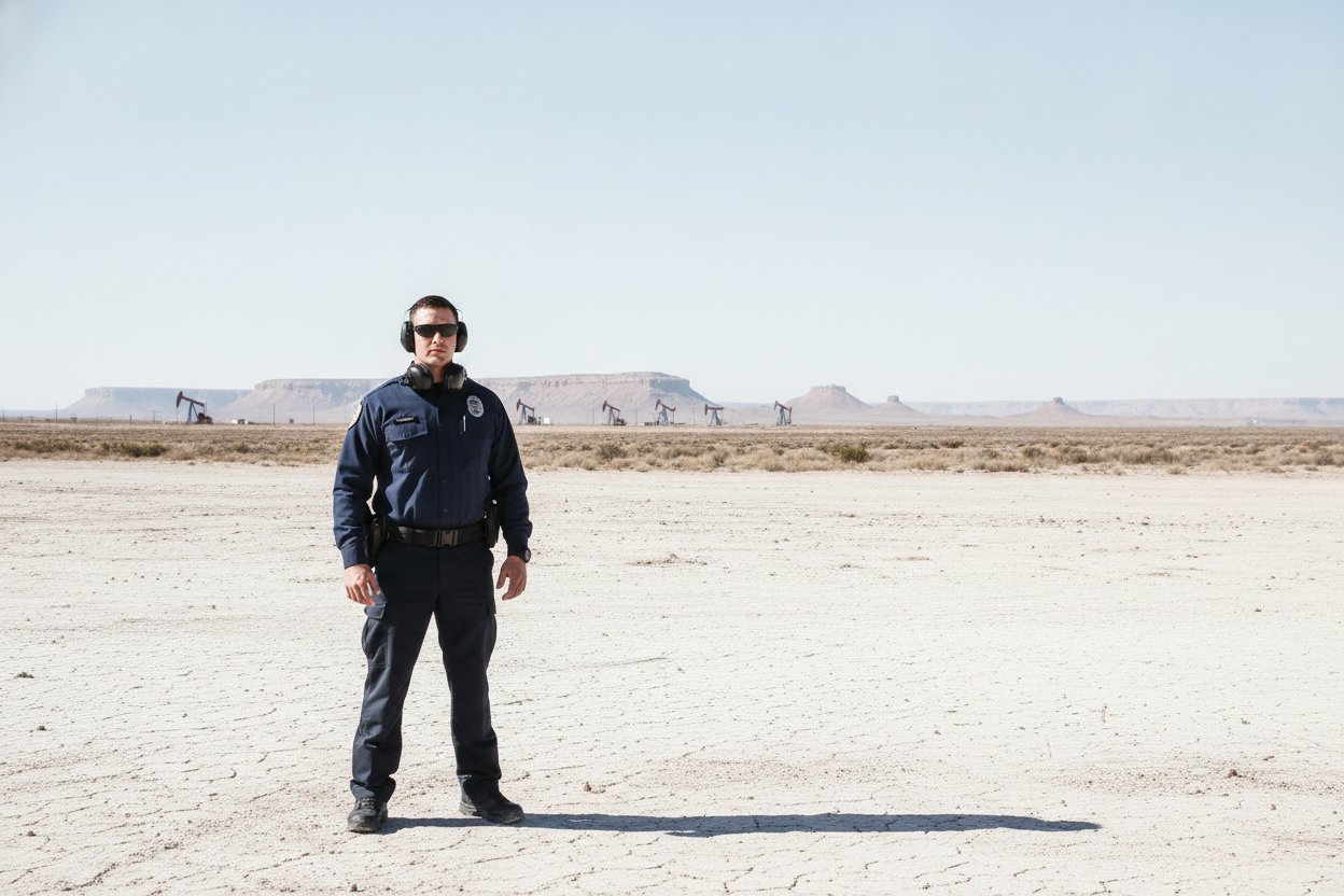 Commissioned security officer at an outdoor firearms qualification range near Midland, Texas