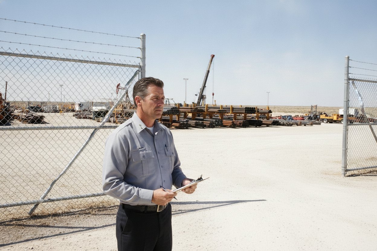 Armed security officer working an industrial yard gate post in Odessa, Texas