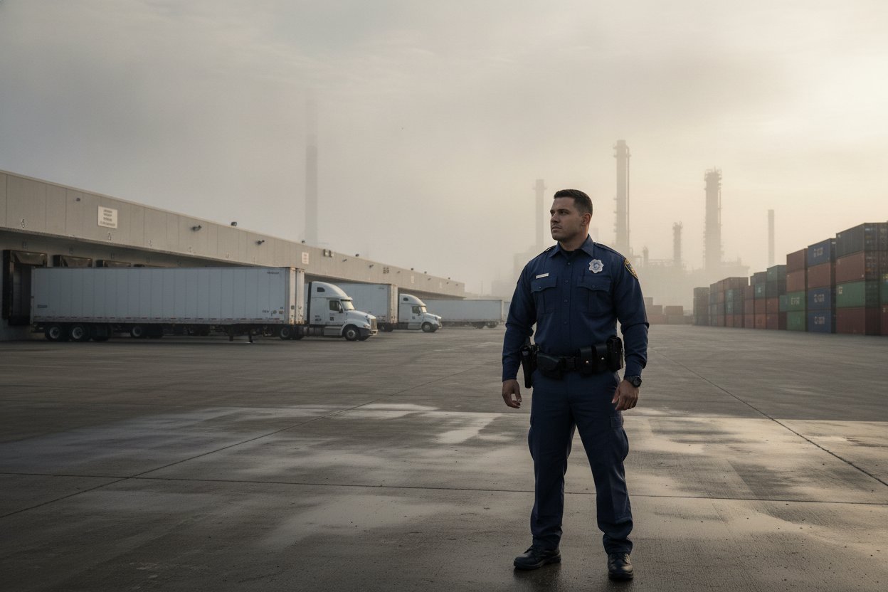 Security officer at a port-area warehouse loading dock in Pasadena, Texas