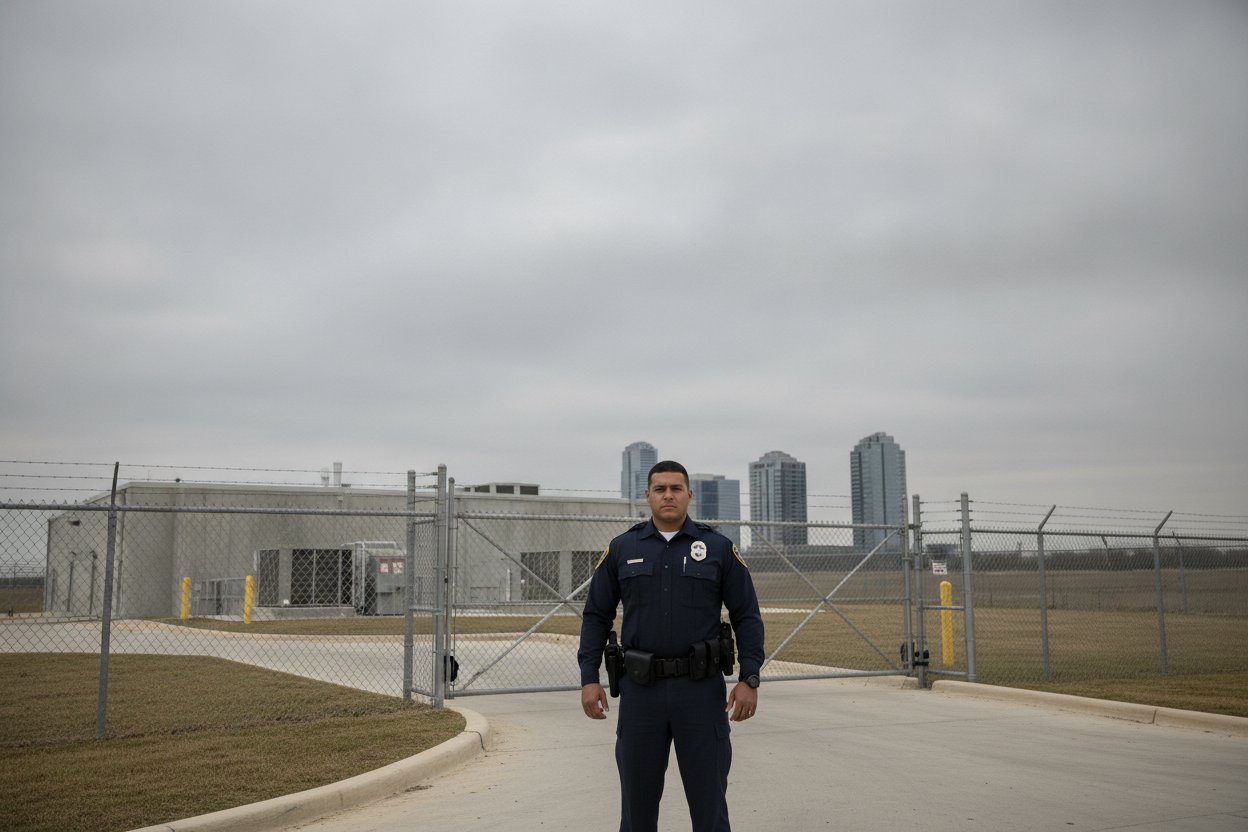 Commissioned security officer on a data center perimeter post in Richardson, Texas