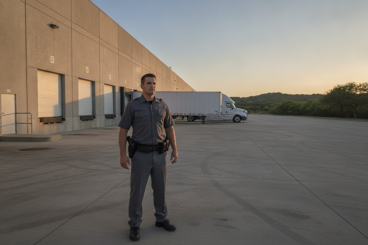 Armed security officer at a distribution warehouse dock in Round Rock, Texas