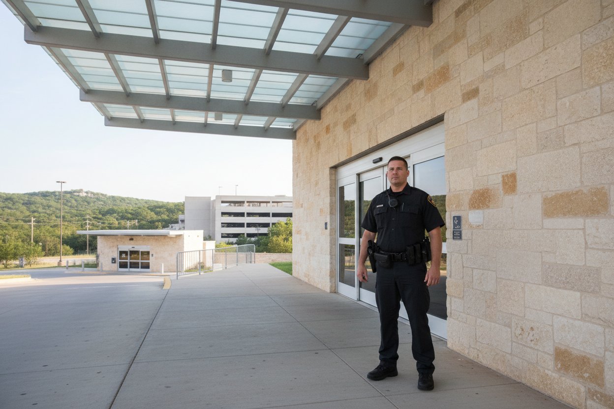 Armed security officer at a hospital entrance in San Antonio, Texas