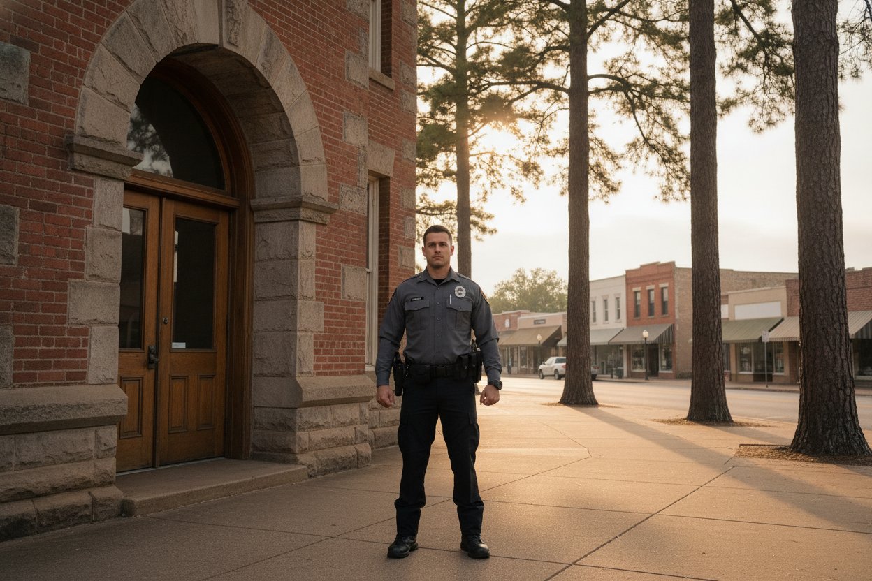 Commissioned security officer outside a red brick municipal building in Marshall, Texas