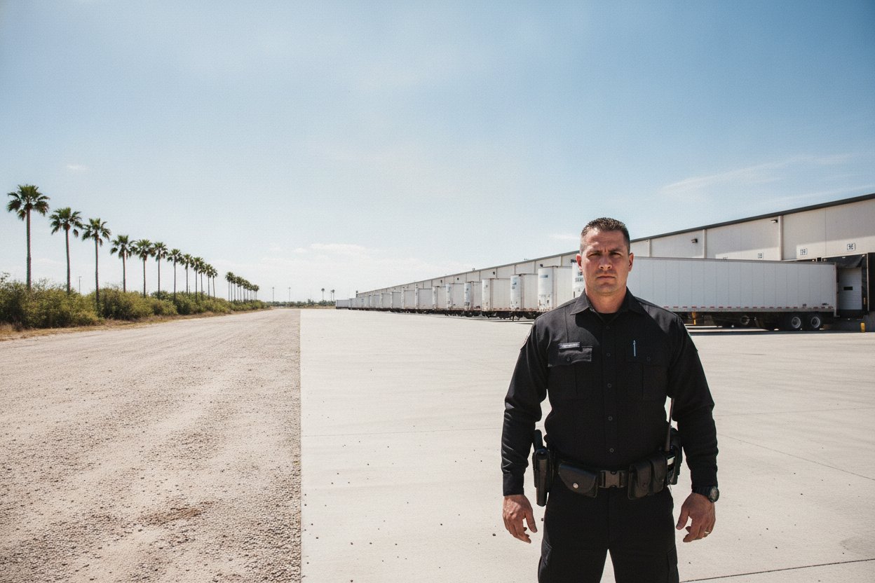 Armed security officer at a distribution warehouse dock in McAllen, Texas