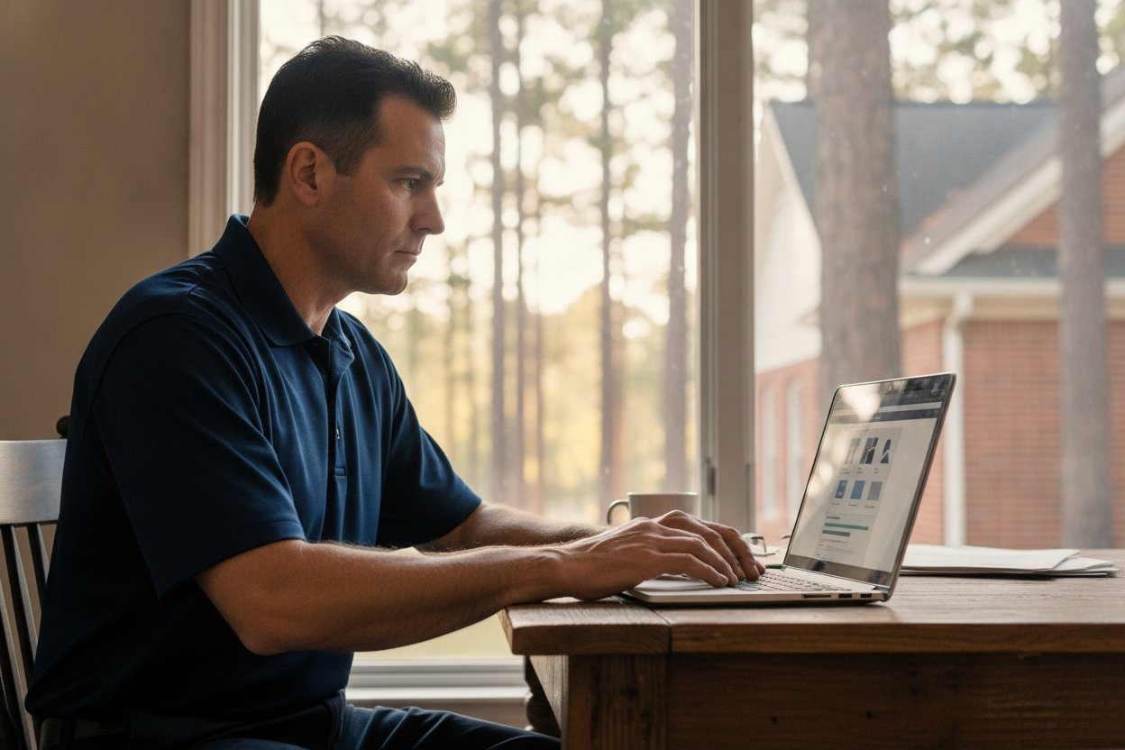 Commissioned security officer completing online renewal training in Tyler, Texas