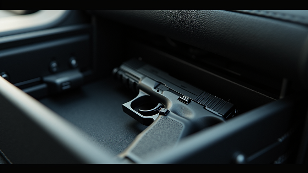 High angle view of a handgun secured inside a vehicle glove compartment
