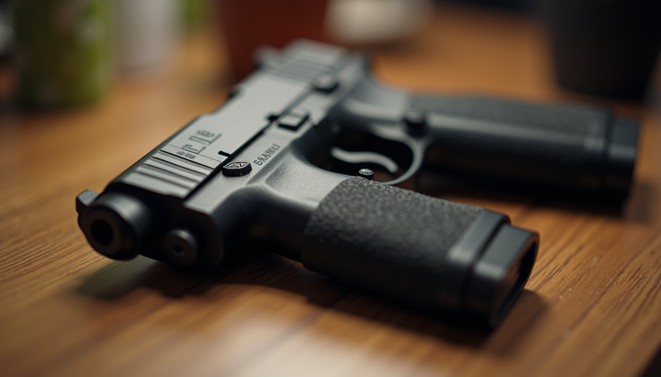 Eye-level view of a handgun resting on a wooden table