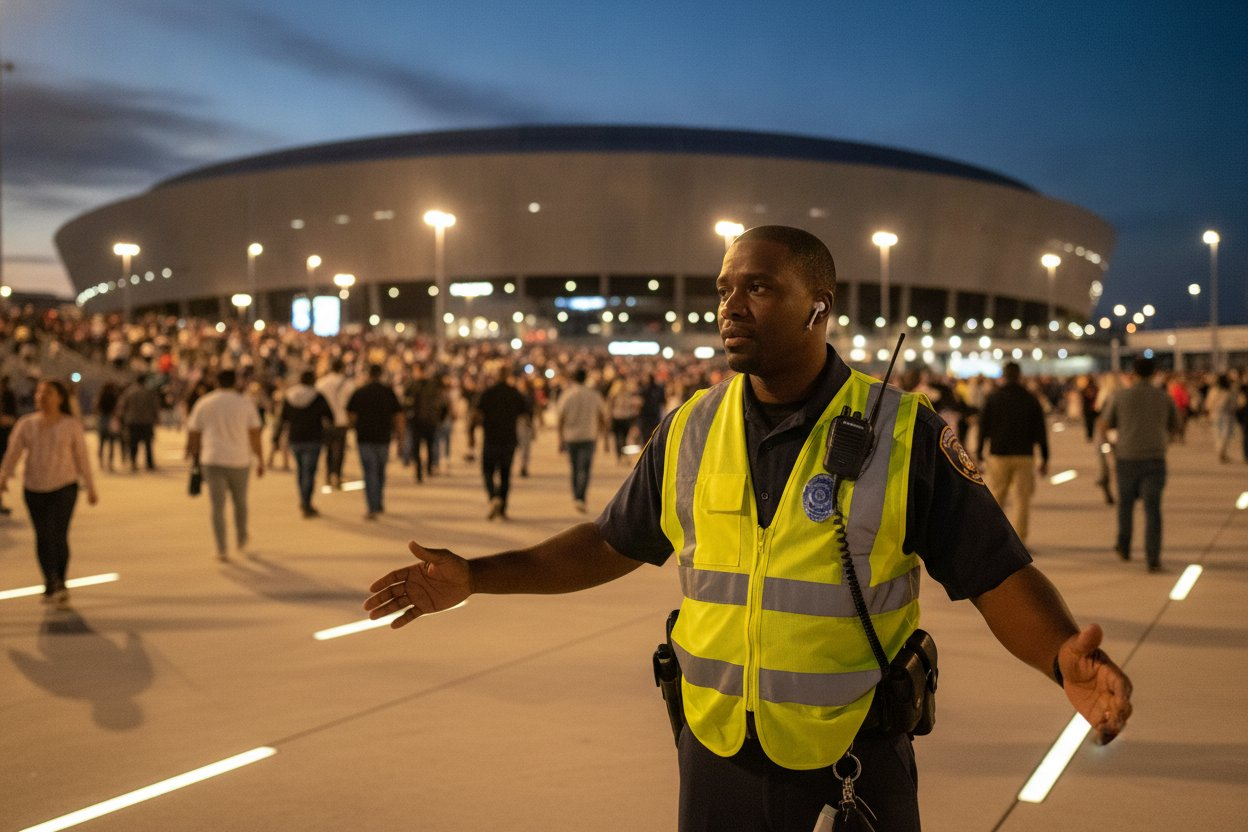 Unarmed Level 2 security officer working crowd control outside a stadium in Arlington, Texas