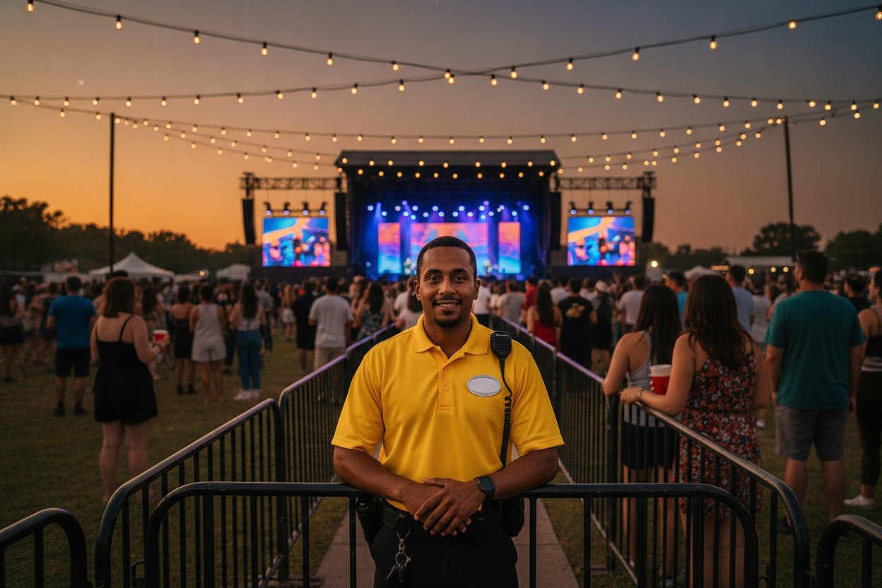 Unarmed Level II security officer working an outdoor event entrance gate in Austin, Texas