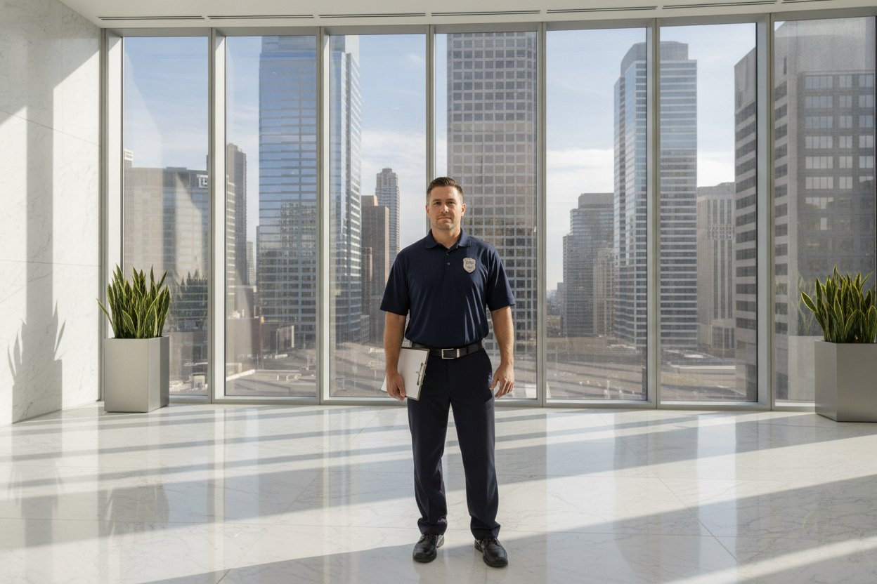 Unarmed Level 2 security officer in a downtown Dallas, Texas corporate office lobby