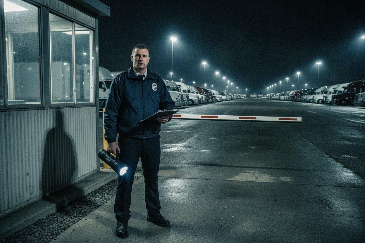 Unarmed Level 2 security officer at a truck distribution yard gate at night near Fort Worth, Texas