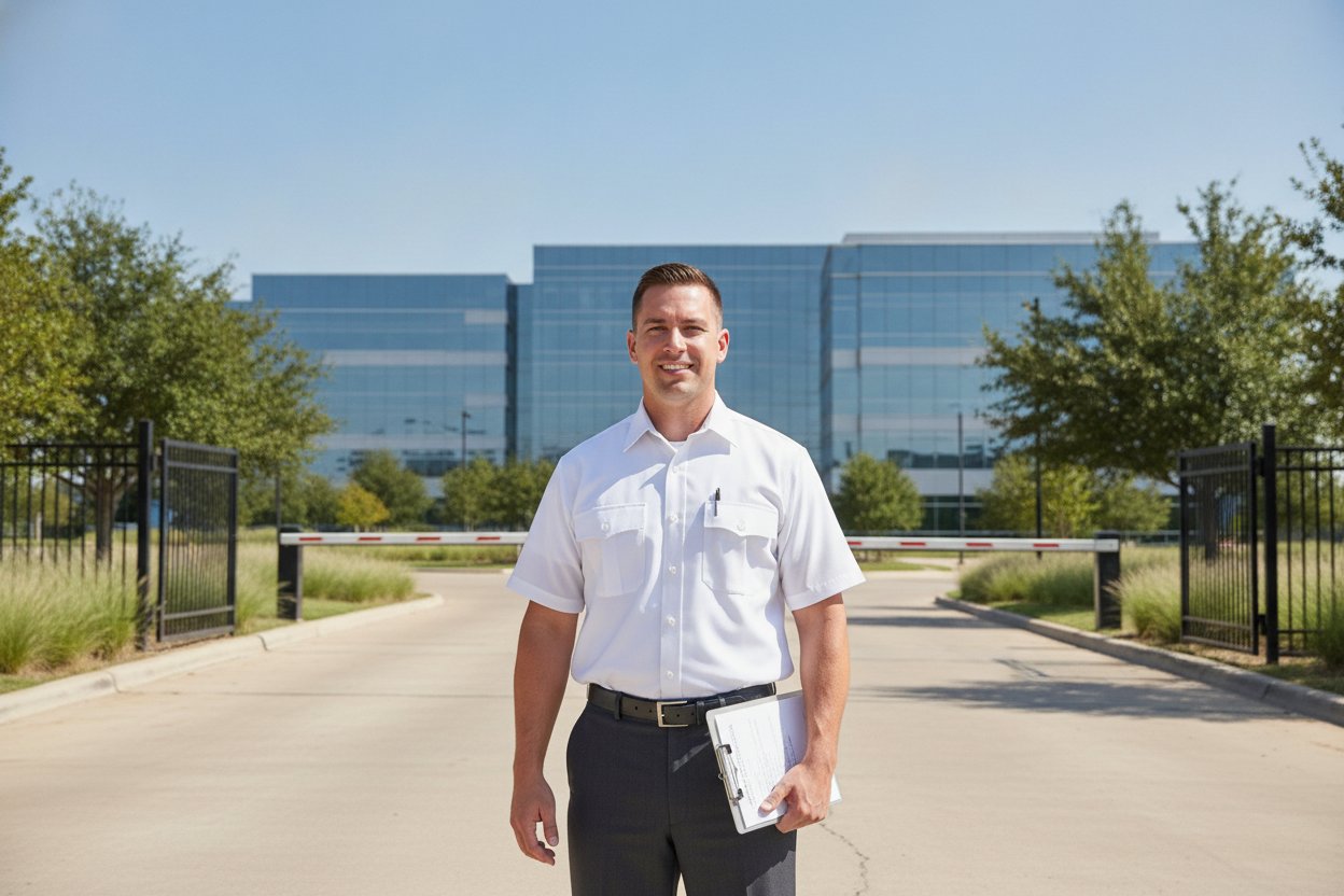 Unarmed Level II security officer at a corporate office park gate in Allen, Texas
