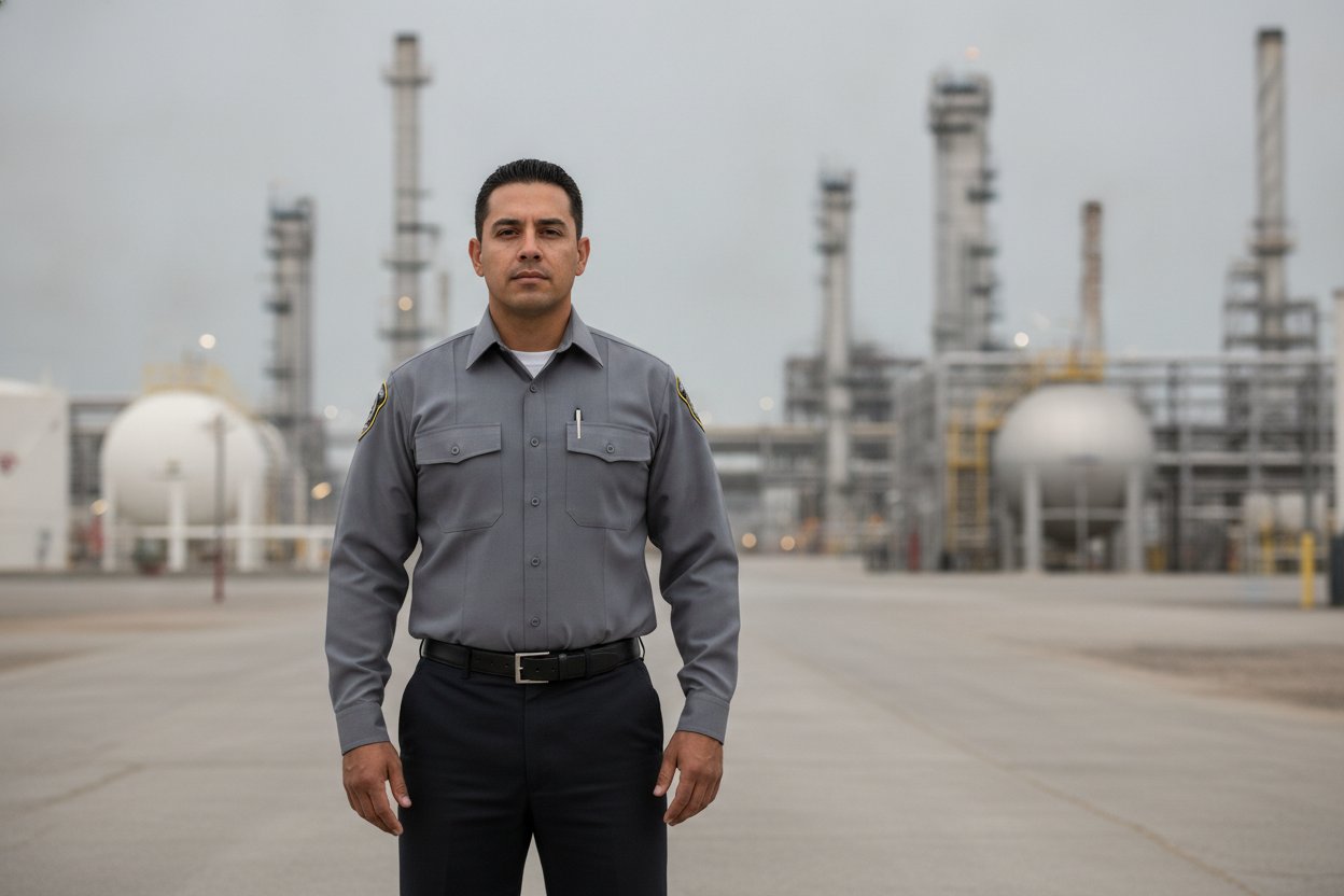 Unarmed Level 2 security officer at an industrial plant gate in Beaumont, Texas