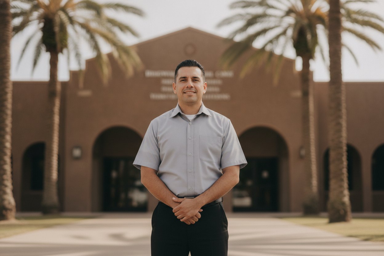 Unarmed Level 2 security officer at a municipal building entrance in Brownsville, Texas