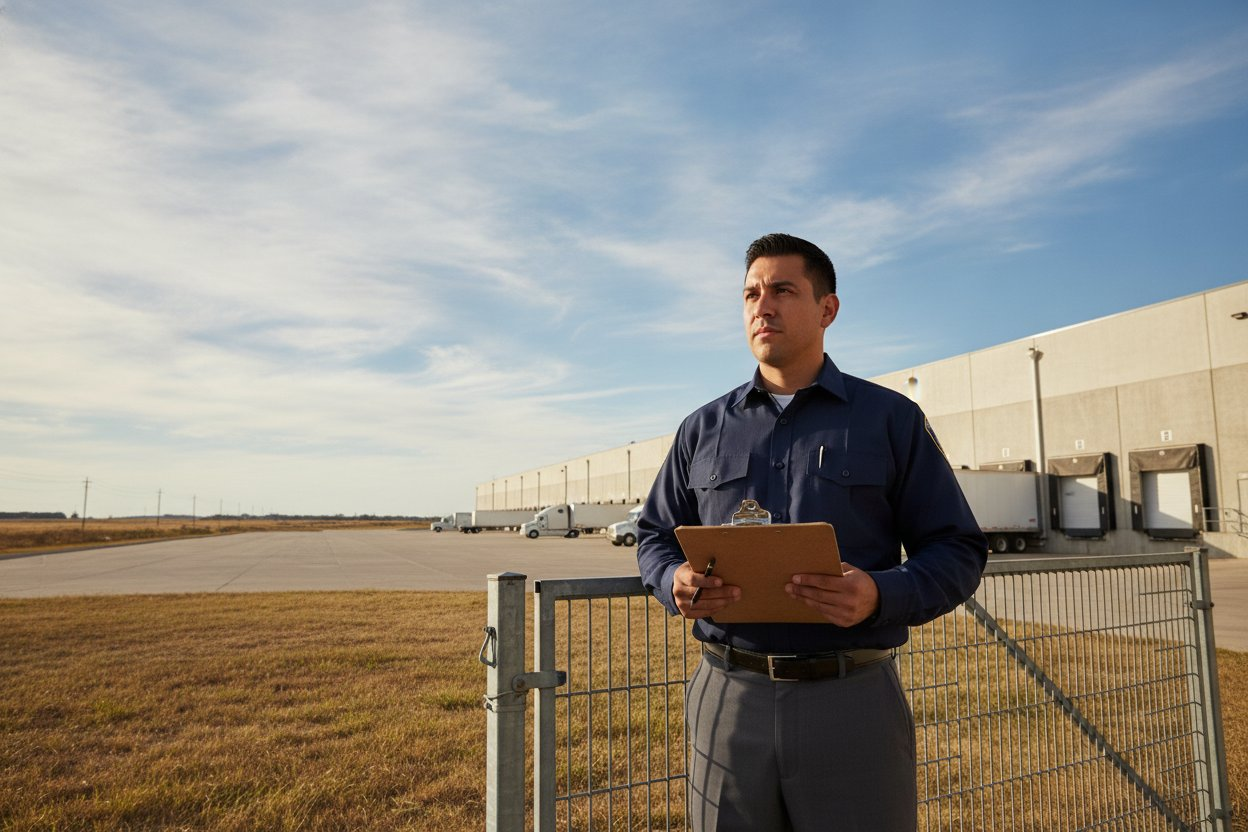 Unarmed Level 2 security officer at a distribution warehouse gate in Carrollton, Texas