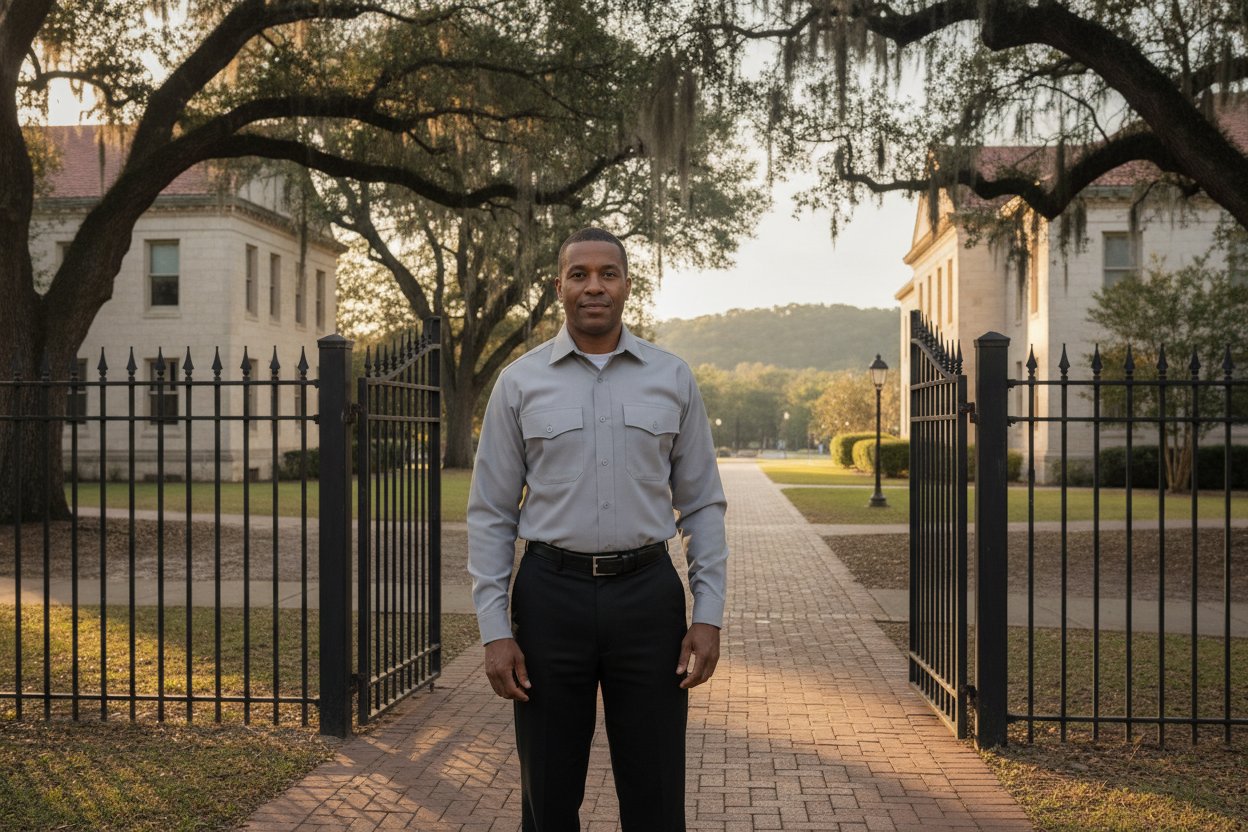 Unarmed Level 2 security officer at a campus access gate in College Station, Texas