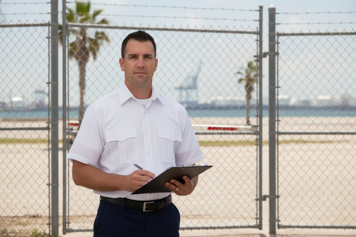 Unarmed Level II security officer at a port terminal gate in Corpus Christi, Texas