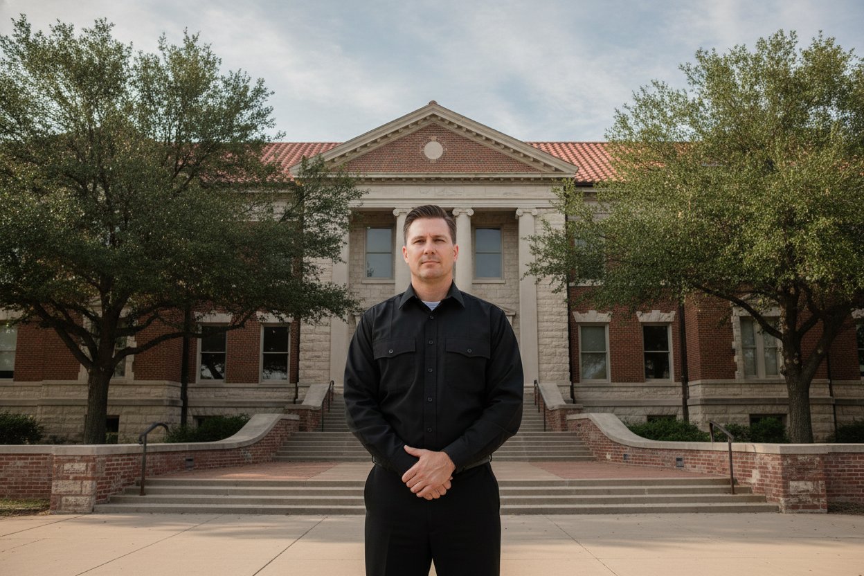 Unarmed Level II security officer at a municipal building entrance in Denton, Texas