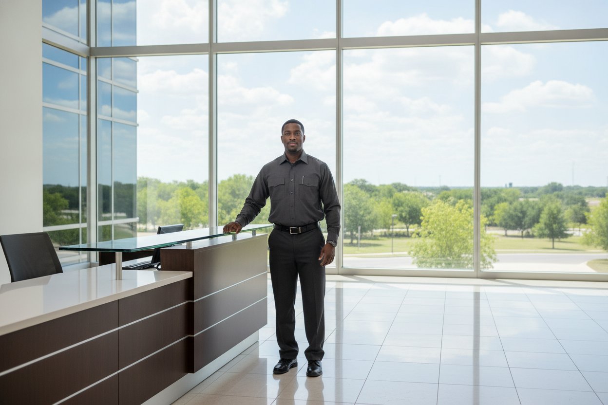 Unarmed Level II security officer at a corporate lobby badge desk in Frisco, Texas