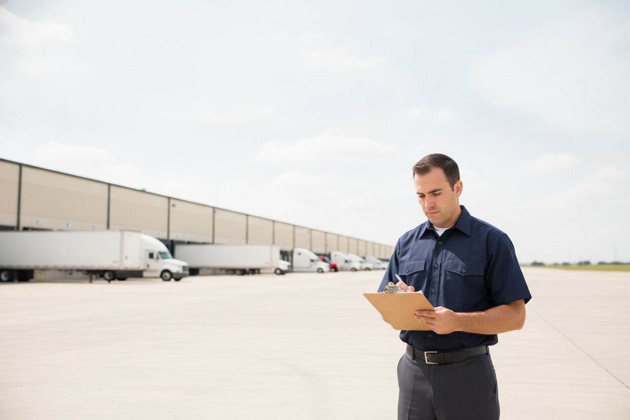 Unarmed Level II security officer checking deliveries at a distribution warehouse dock in Garland, Texas