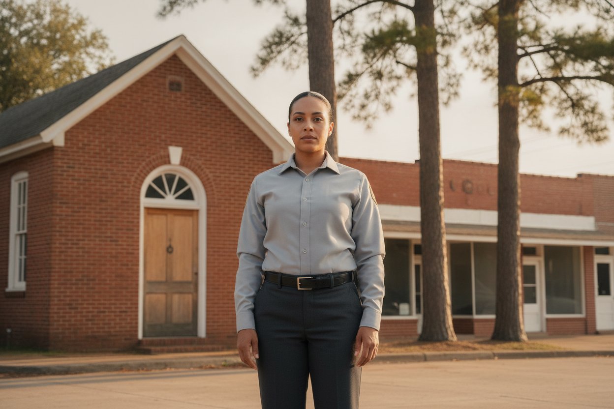 Unarmed Level II security officer at a small-town municipal building entrance in Gilmer, Texas