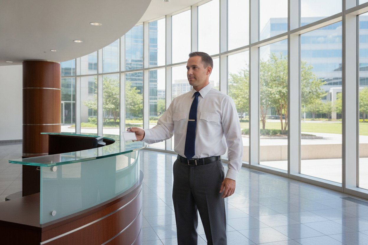 Unarmed Level II security officer at a corporate lobby badge desk in Irving, Texas