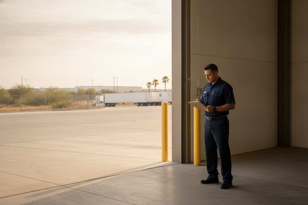 Unarmed Level II security officer checking in trailers at a distribution warehouse dock in Laredo, Texas