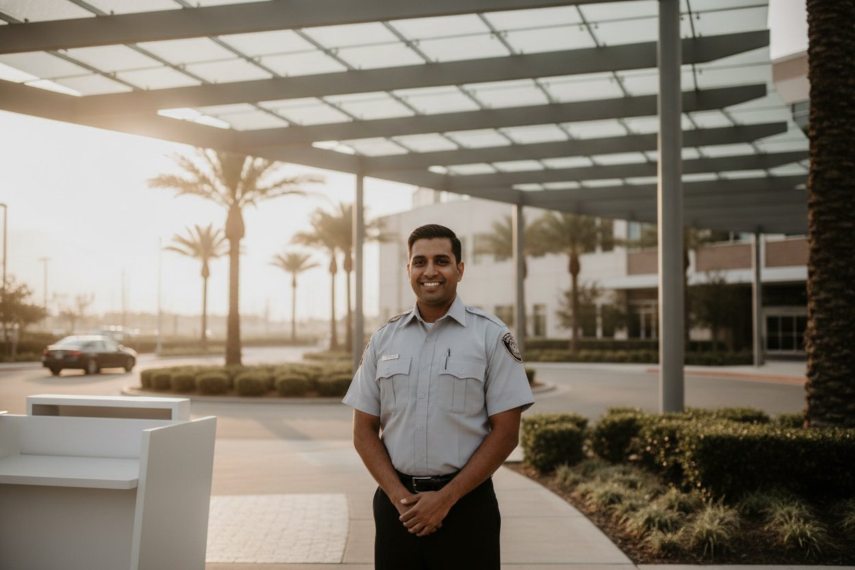 Unarmed Level II security officer at a medical center entrance in League City, Texas